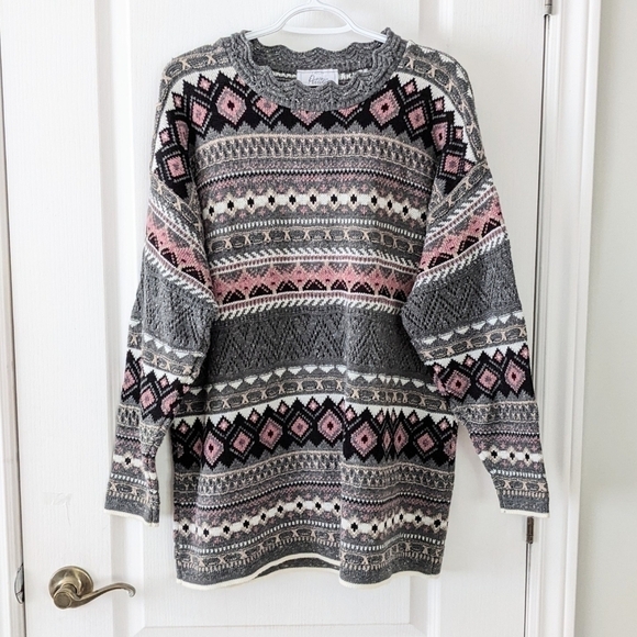 Vintage Eaton wool blend floral knit granny sweater dark green Large i1 - Picture 2 of 7